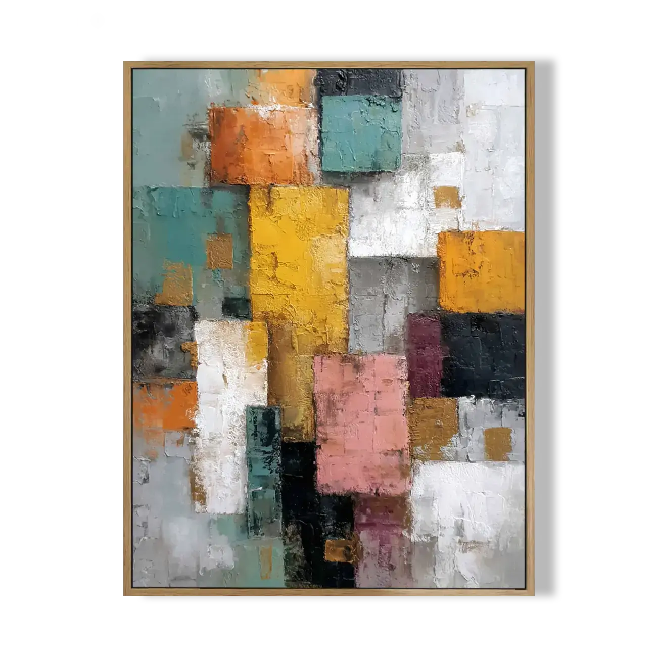 Abstract art painting with geometric shapes in various colors on a white background
