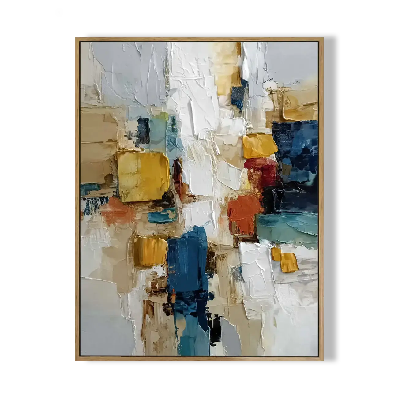 Abstract art painting with colorful blocks on a white background