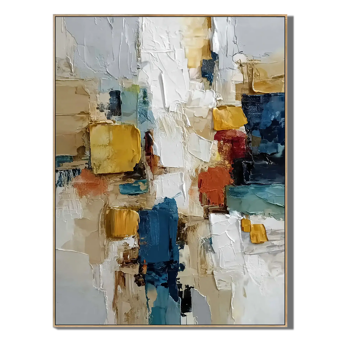 Abstract art painting with colorful blocks on a white background
