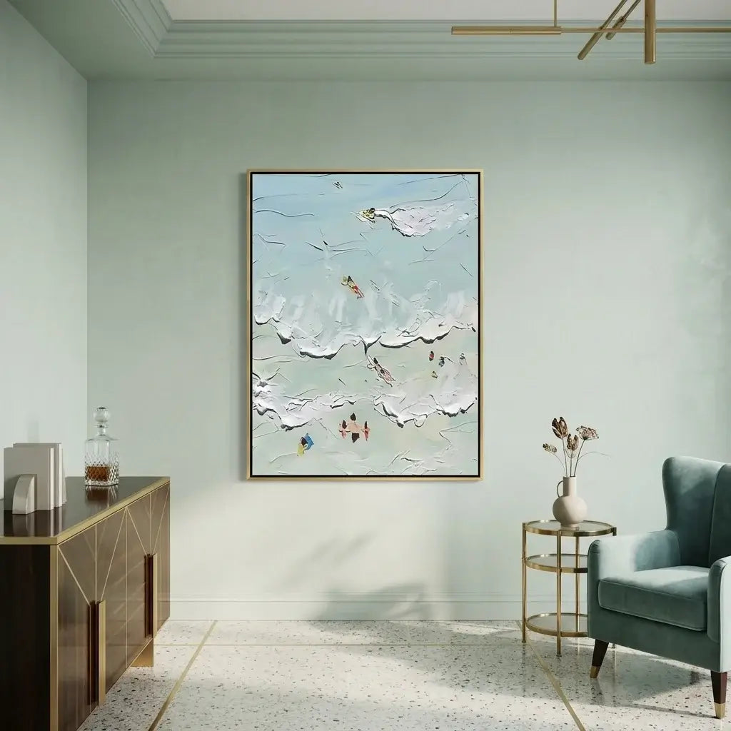 Living room with a large abstract painting on the wall, a side table, and a chair.
