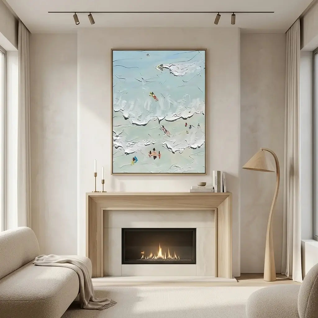 Modern living room with a fireplace and abstract artwork on the wall.