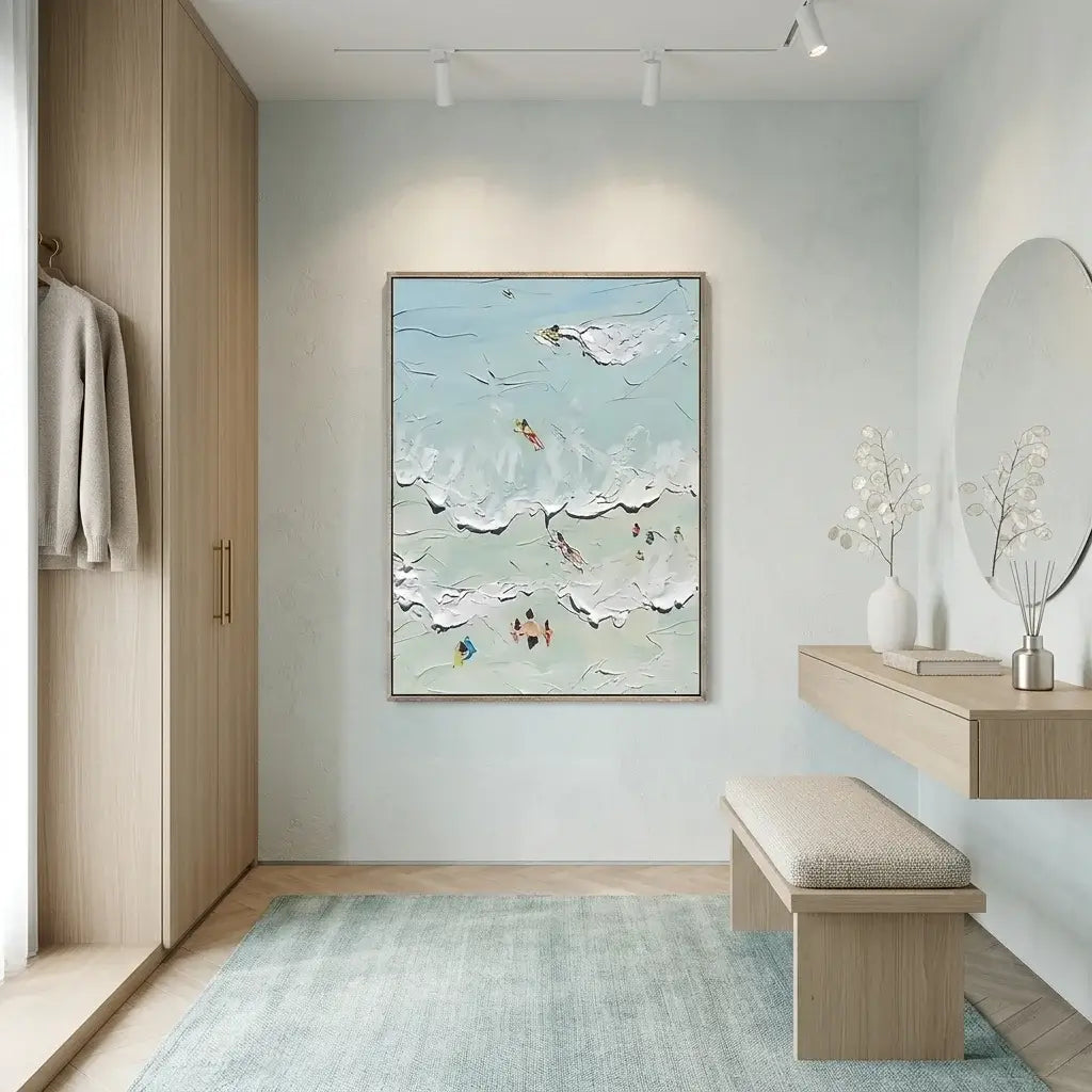 Modern interior with a painting on the wall, bench, and wardrobe.