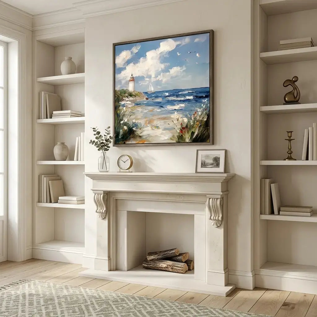 Living room with a fireplace, shelves, and a painting of a lighthouse.