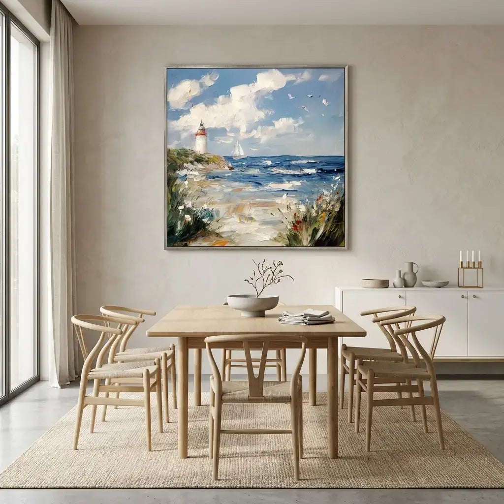 Dining room with a wooden table and chairs, featuring a large seascape painting on the wall.