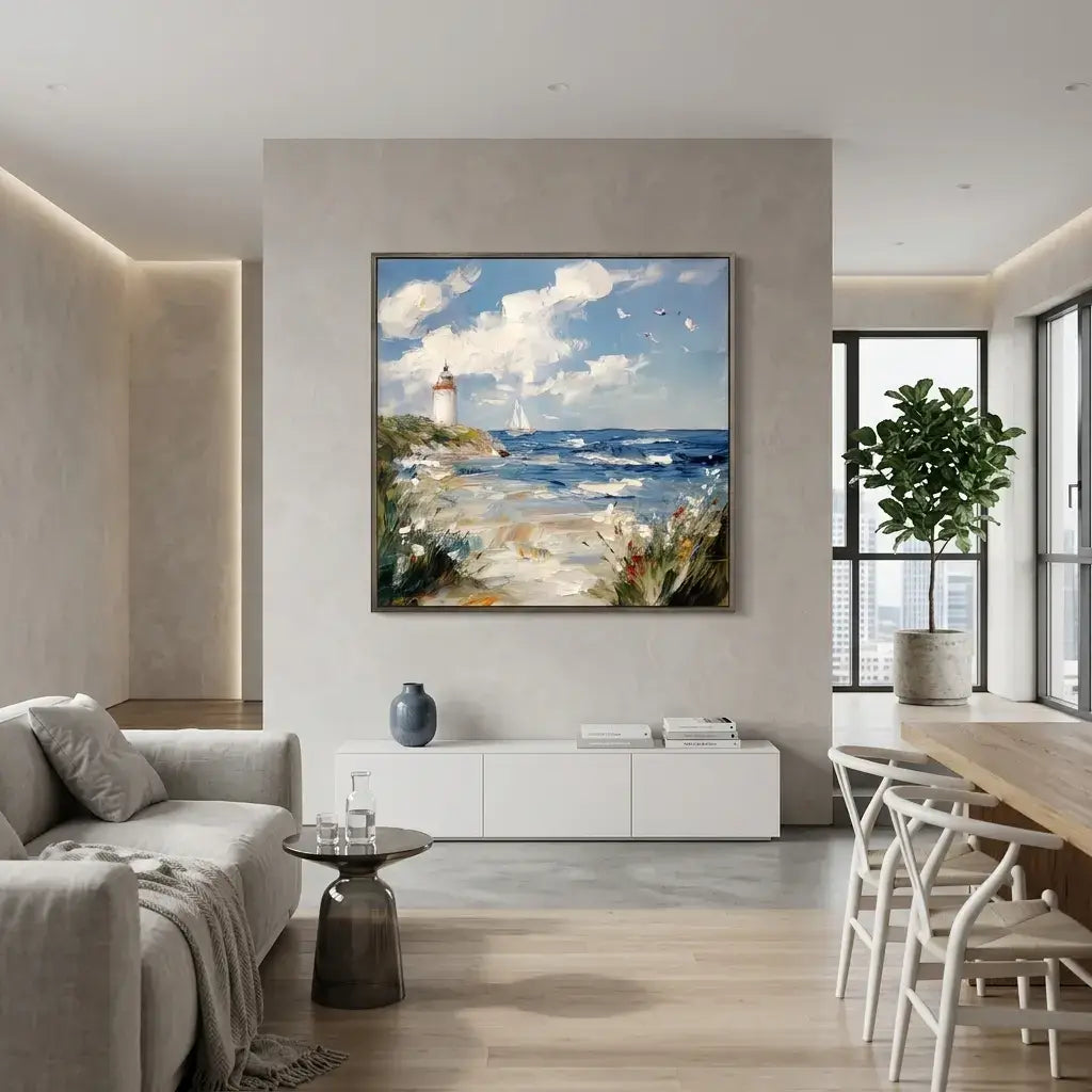 Modern living room with a seascape painting on the wall