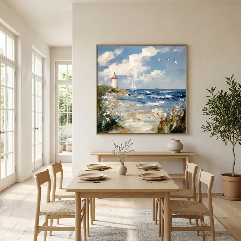 Dining room with a table and chairs, a large painting of a lighthouse, and a plant.