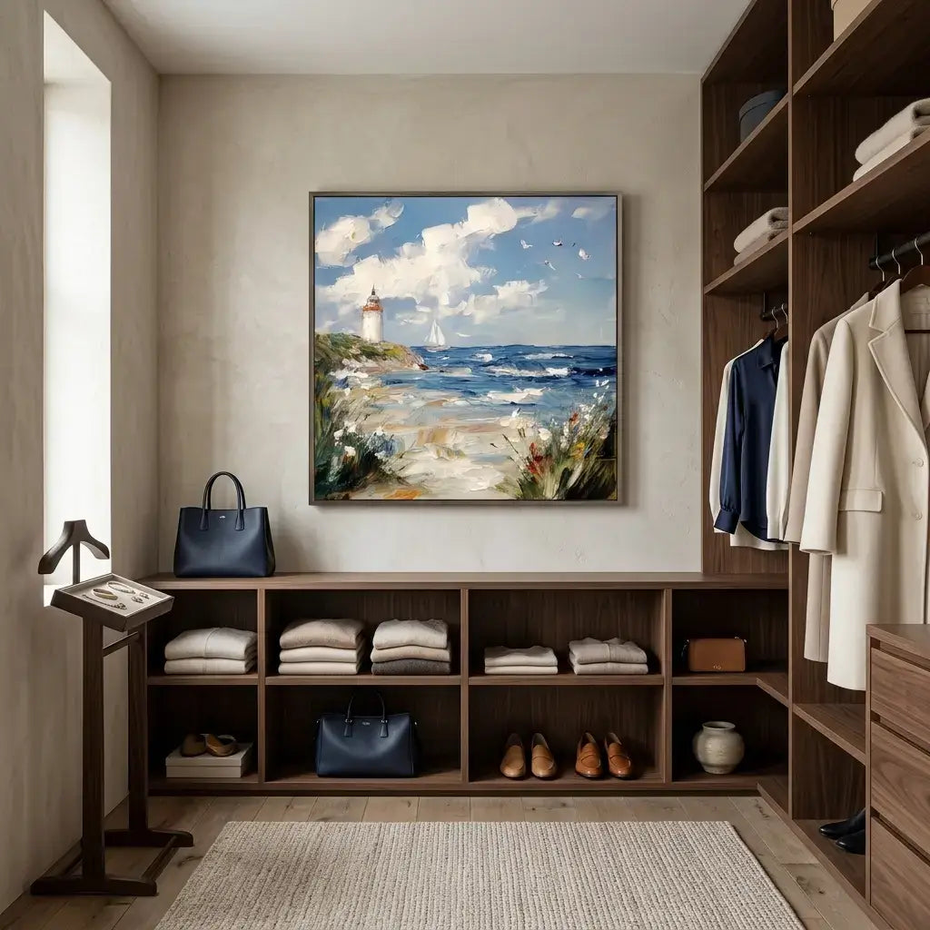 Modern walk-in closet with wooden shelves, clothing, and a painting of a lighthouse.