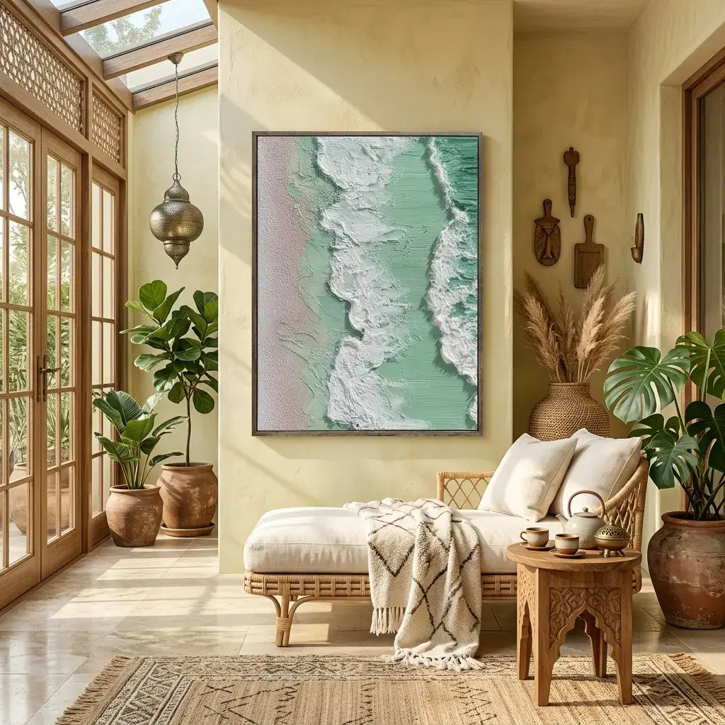 Cozy living room with wicker furniture, plants, and a large wall art piece.