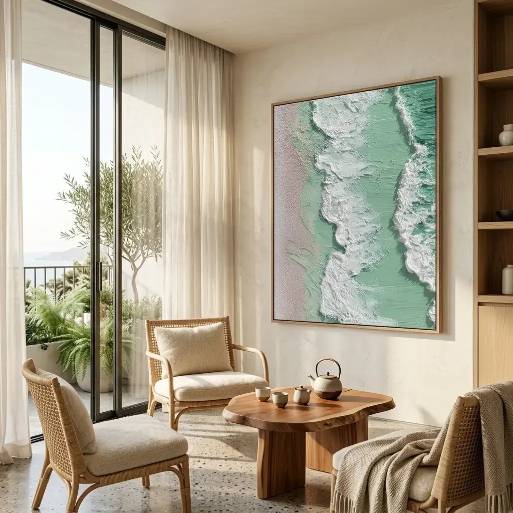 Modern living room with wicker chairs, wooden coffee table, and beach-themed artwork.