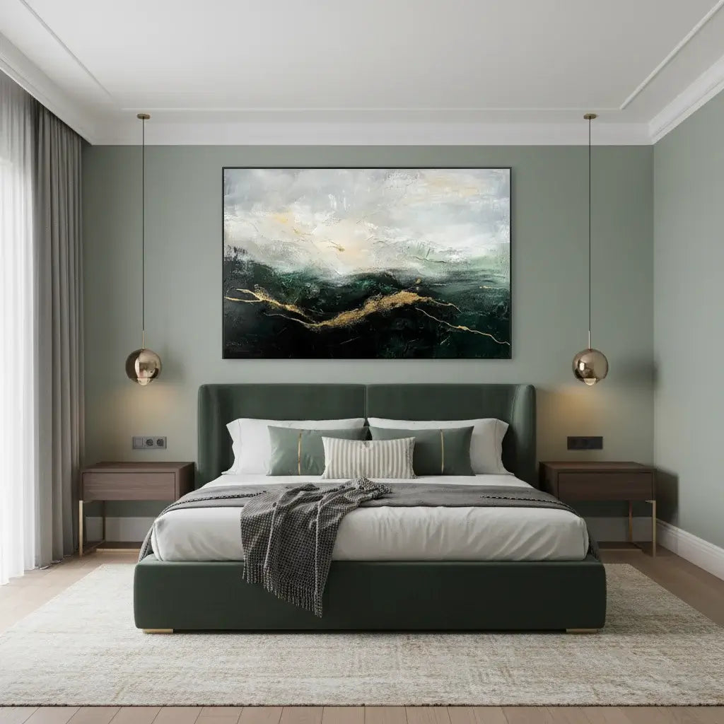 Modern bedroom with a green bed, abstract painting on the wall, and two pendant lights.