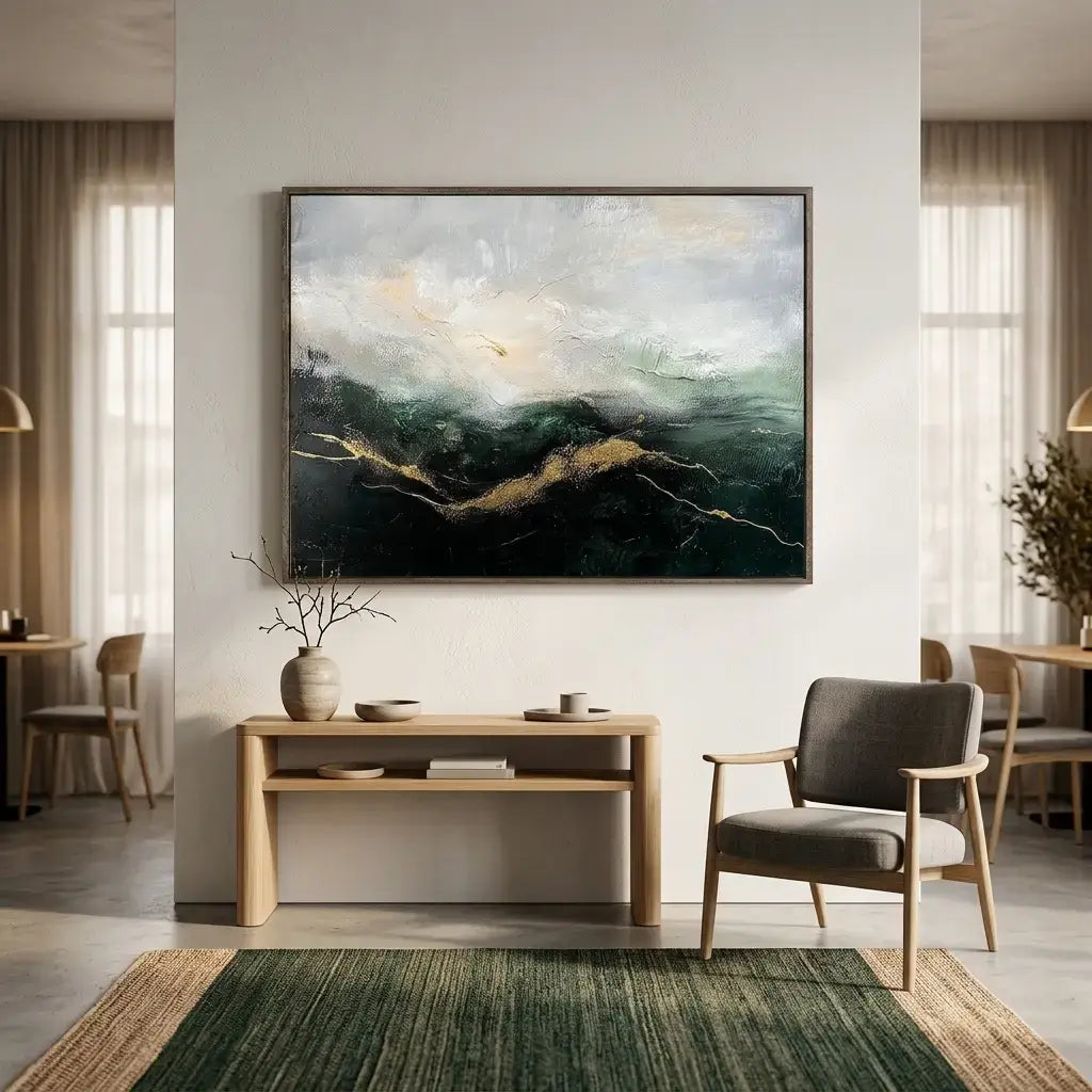 Modern interior with a large abstract painting on the wall, wooden furniture, and decorative elements.