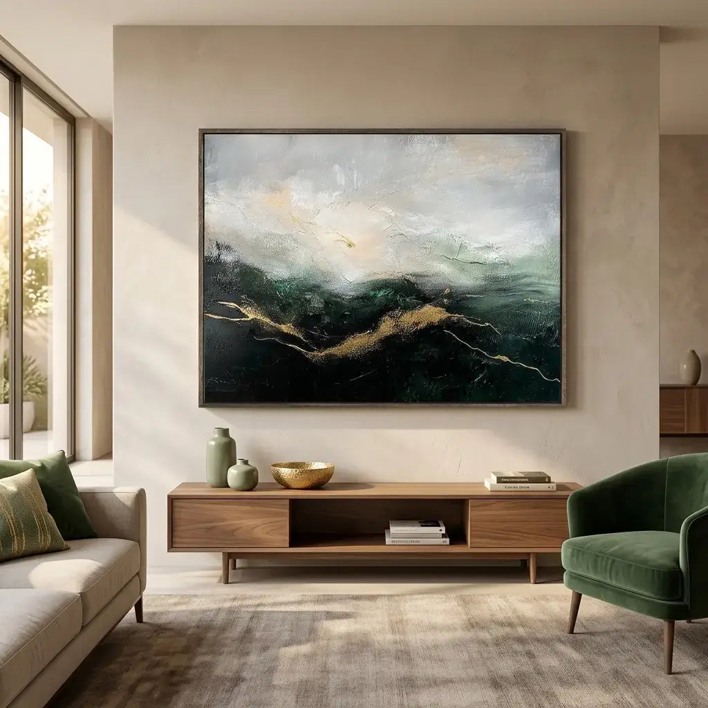 Modern living room with a large abstract painting on the wall, a wooden TV stand, and green armchair.
