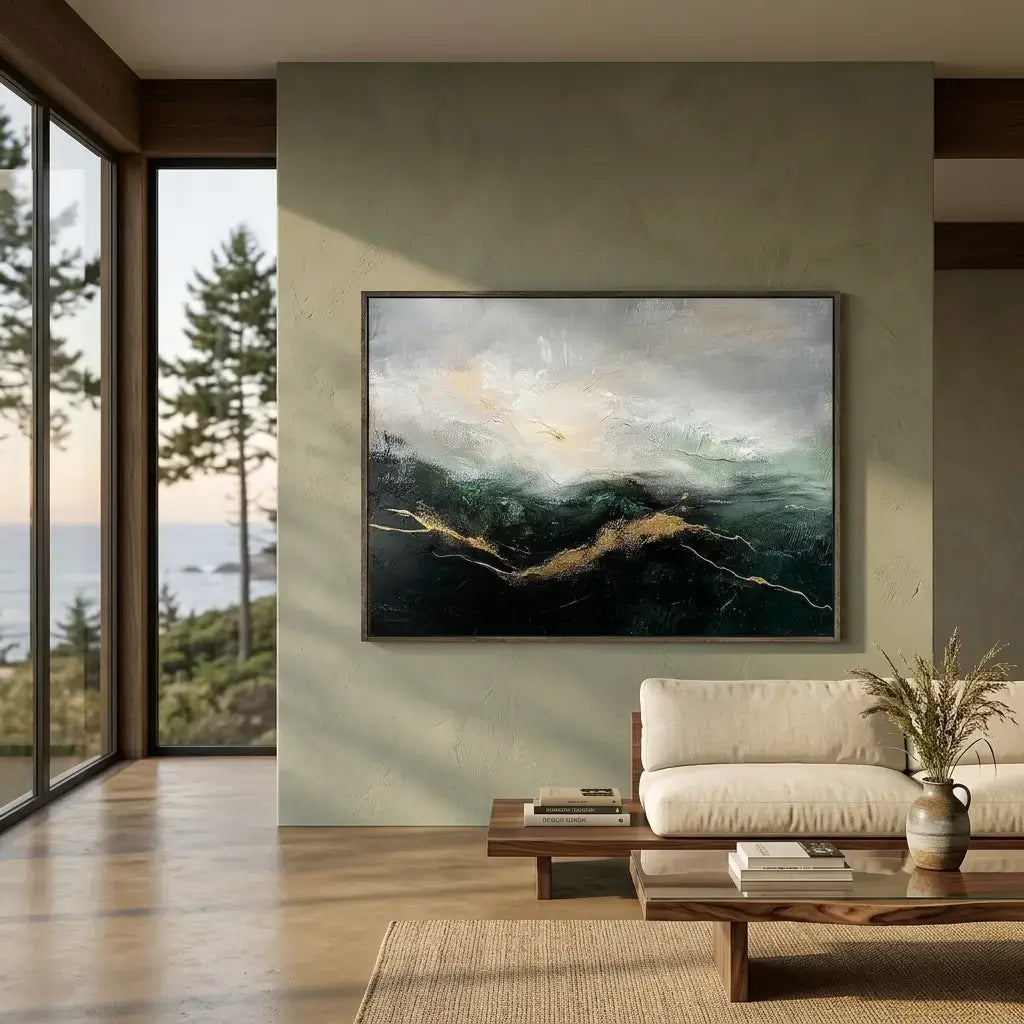 Living room with a large painting of a landscape on the wall, featuring a sofa and coffee table.