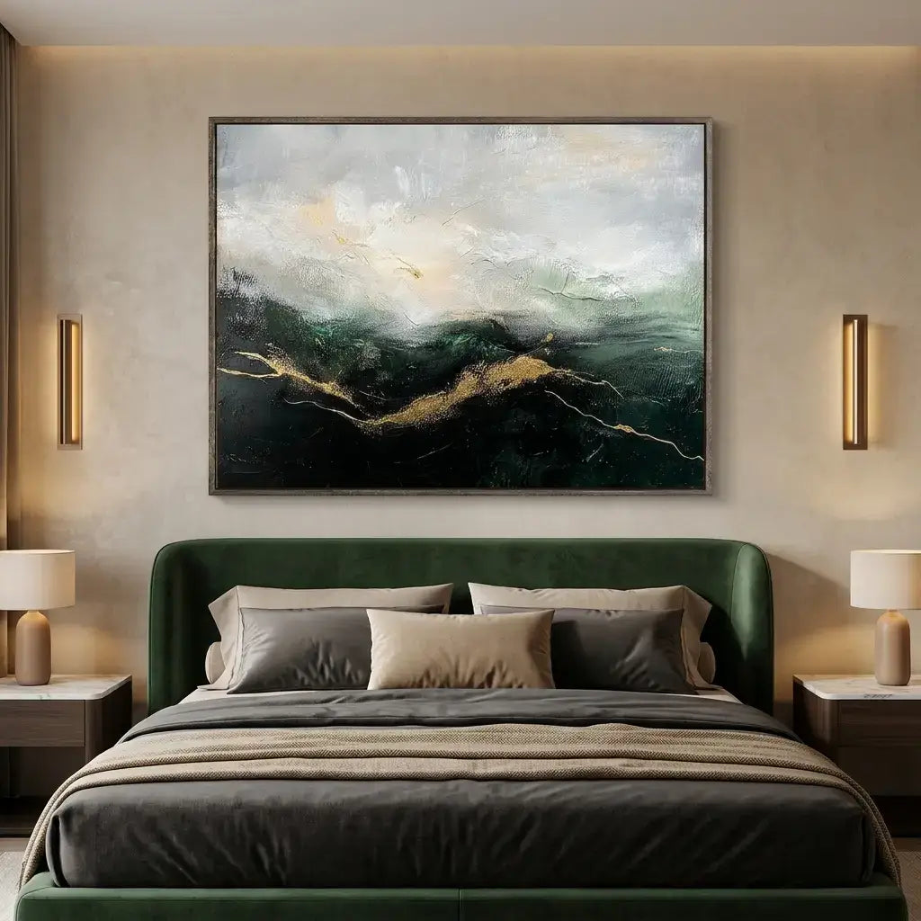 Modern bedroom with a green bed, abstract painting on the wall, and two lamps.