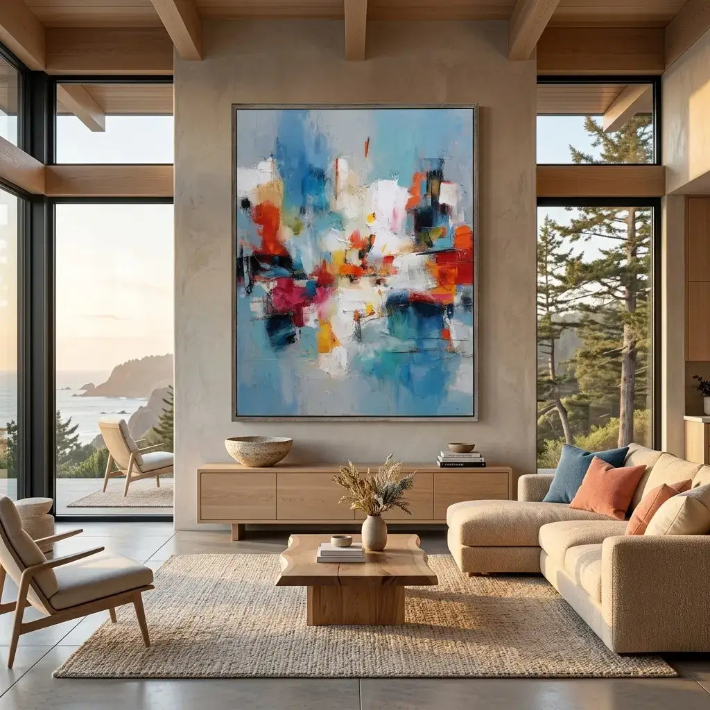 Modern living room with abstract art, sofa, and coffee table.