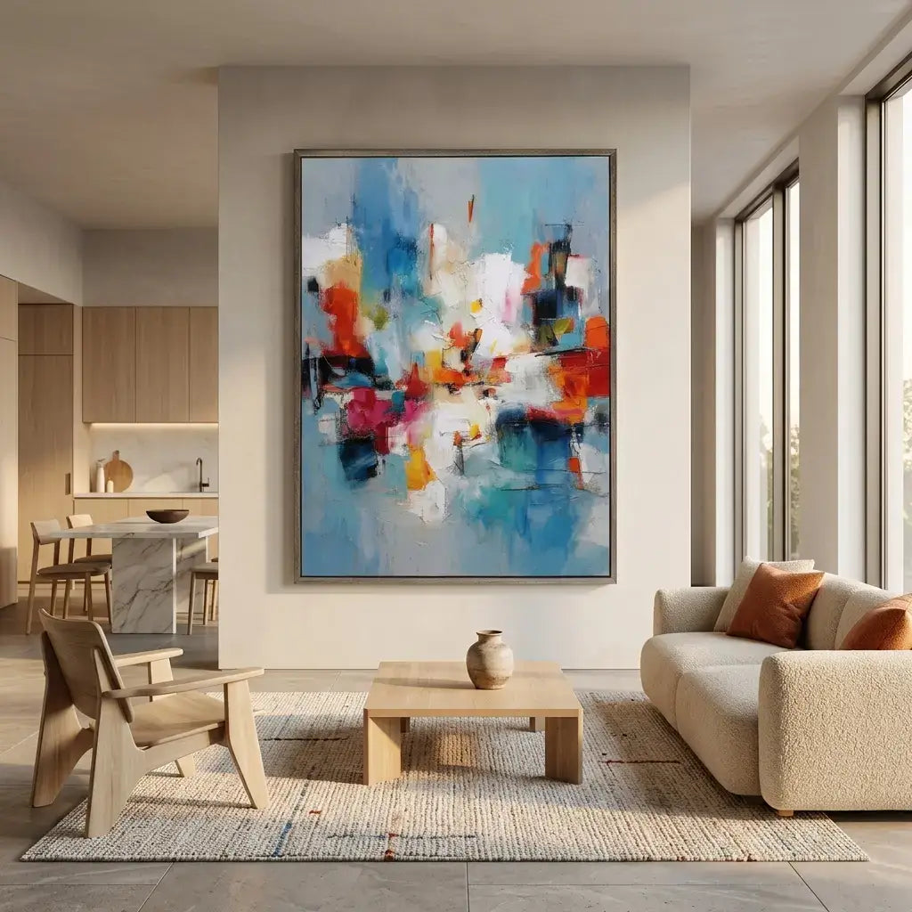Modern living room with a colorful abstract painting on the wall