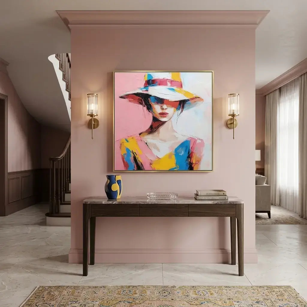 Colorful abstract painting of a woman wearing a hat in a stylish interior setting.