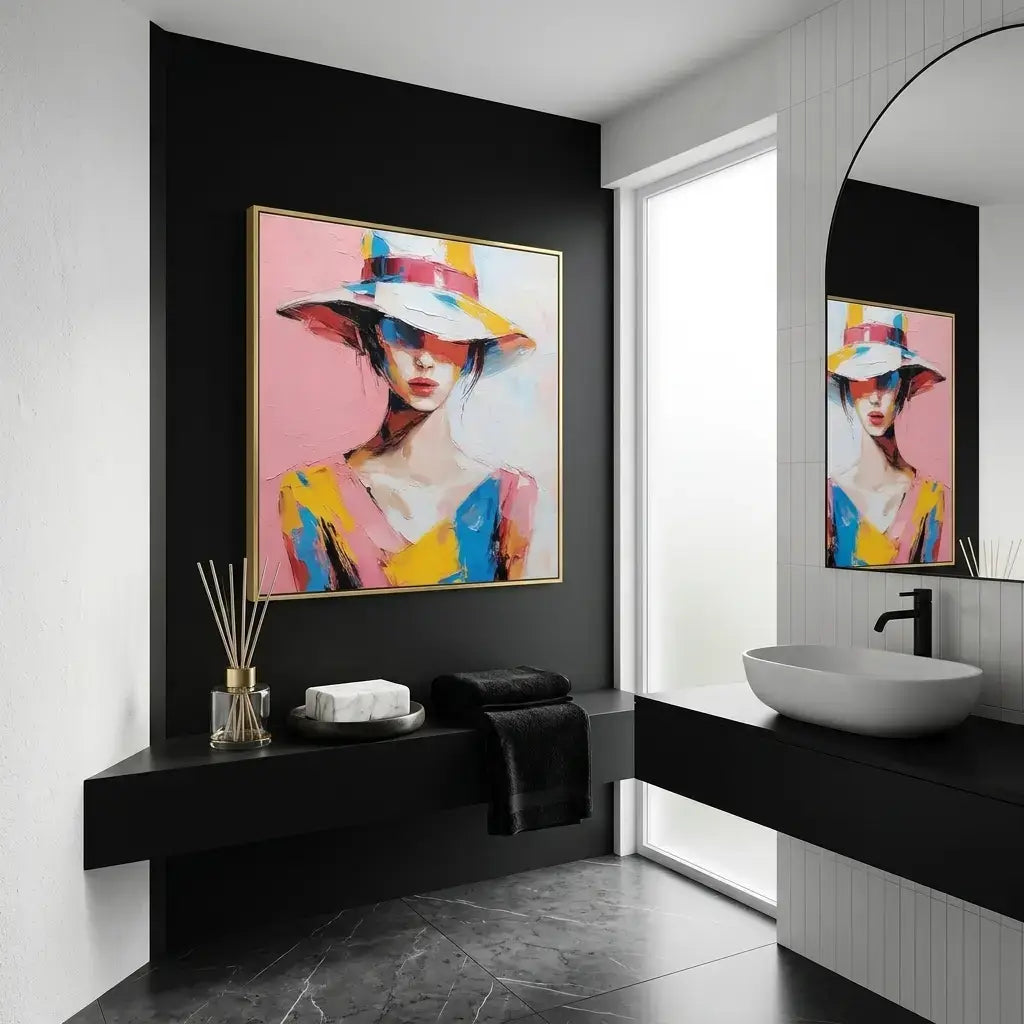 Bathroom interior with a colorful painting of a woman on a black wall.