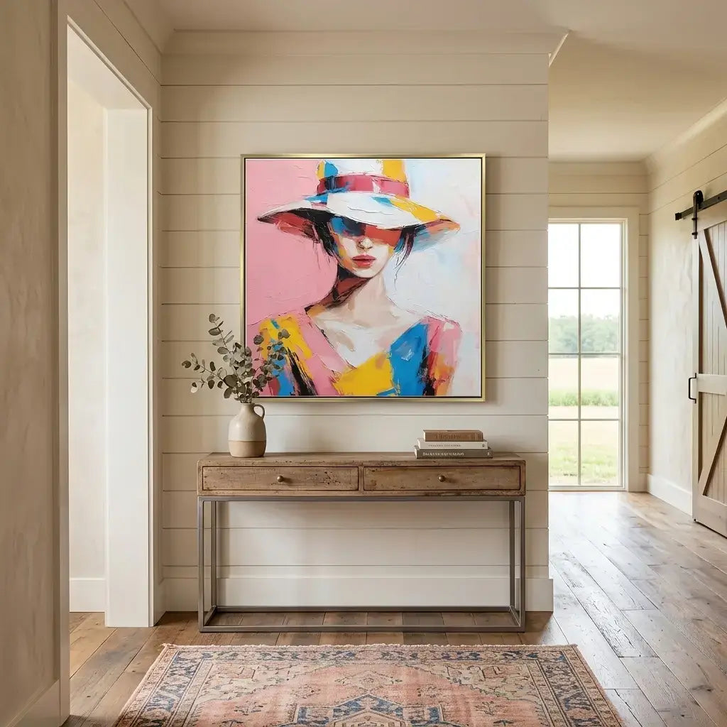 Colorful abstract painting of a woman in a hat on a wall above a wooden console table.