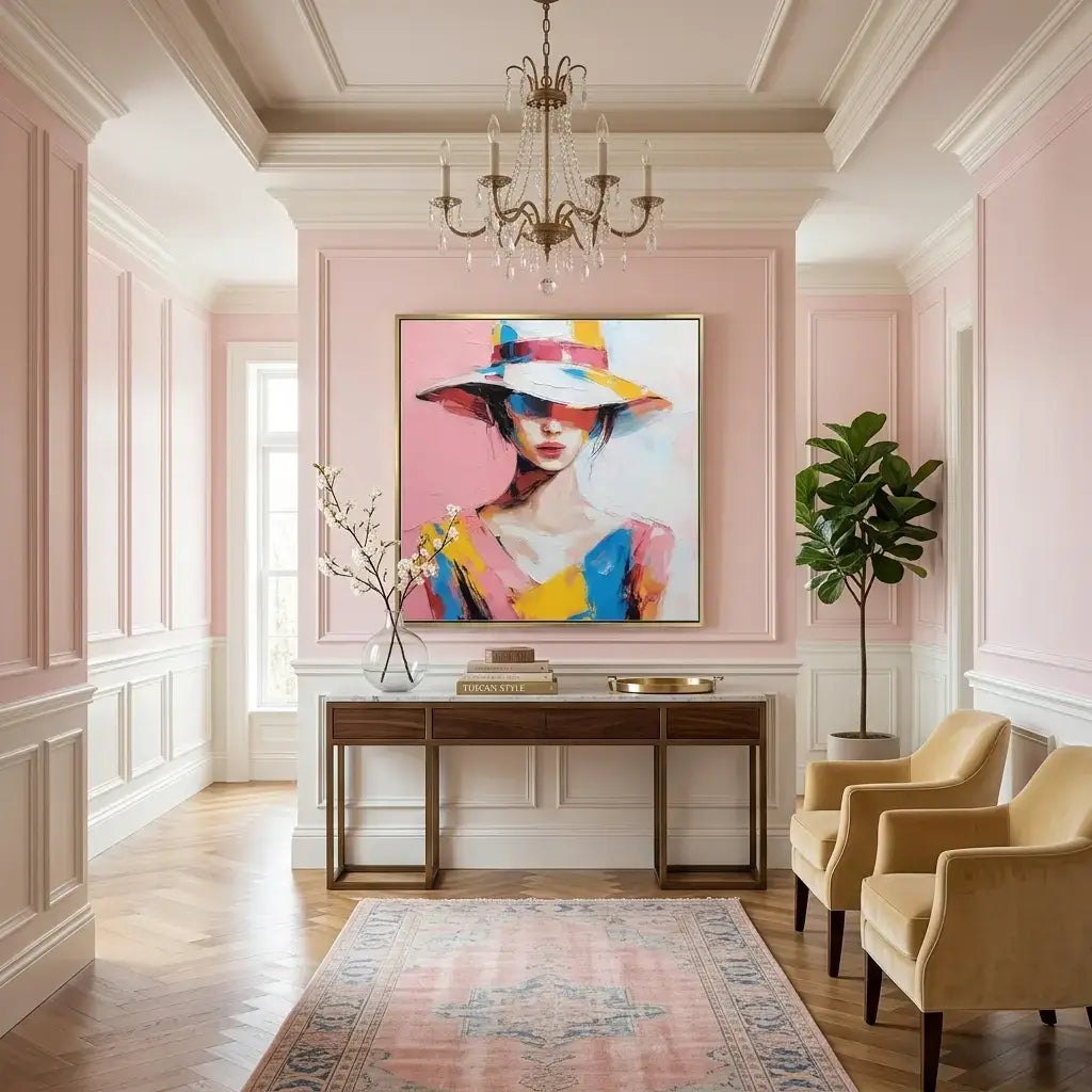Elegant living room with pink walls, a colorful painting, and yellow chairs.