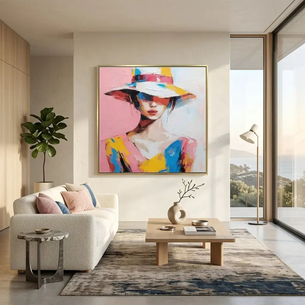 Modern living room with a colorful abstract painting on the wall