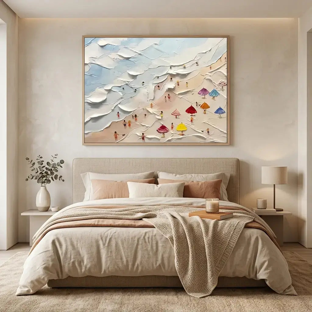 Modern bedroom with a large abstract painting above a bed