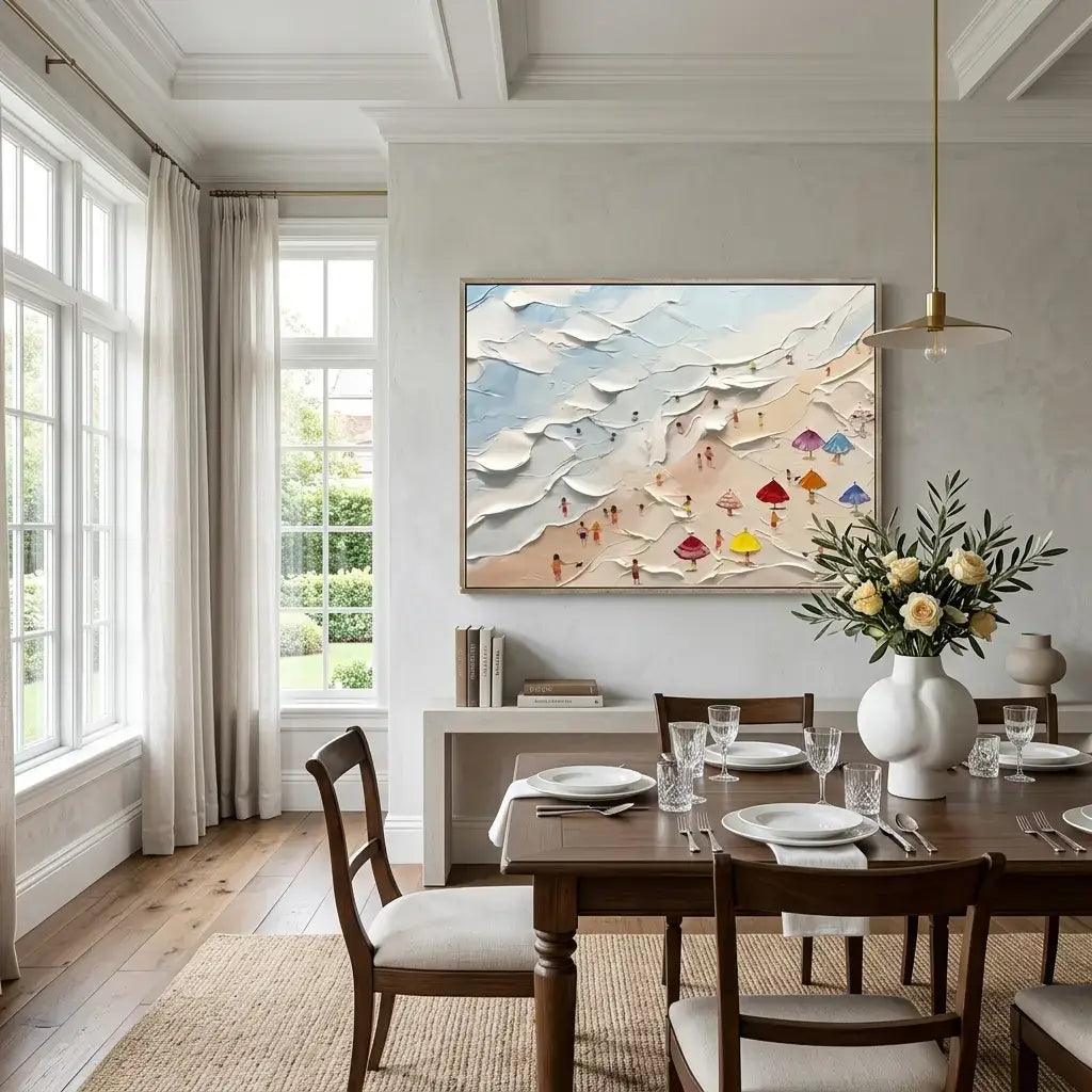 Dining room with wooden table, chairs, and a large abstract painting on the wall.