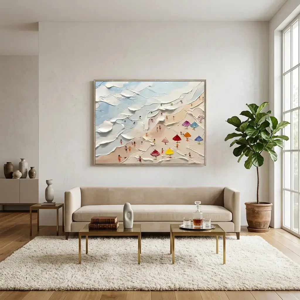 Living room with a beige sofa, coffee table, and abstract painting on the wall.