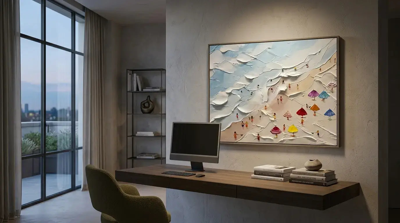Modern office space with a large abstract painting on the wall.