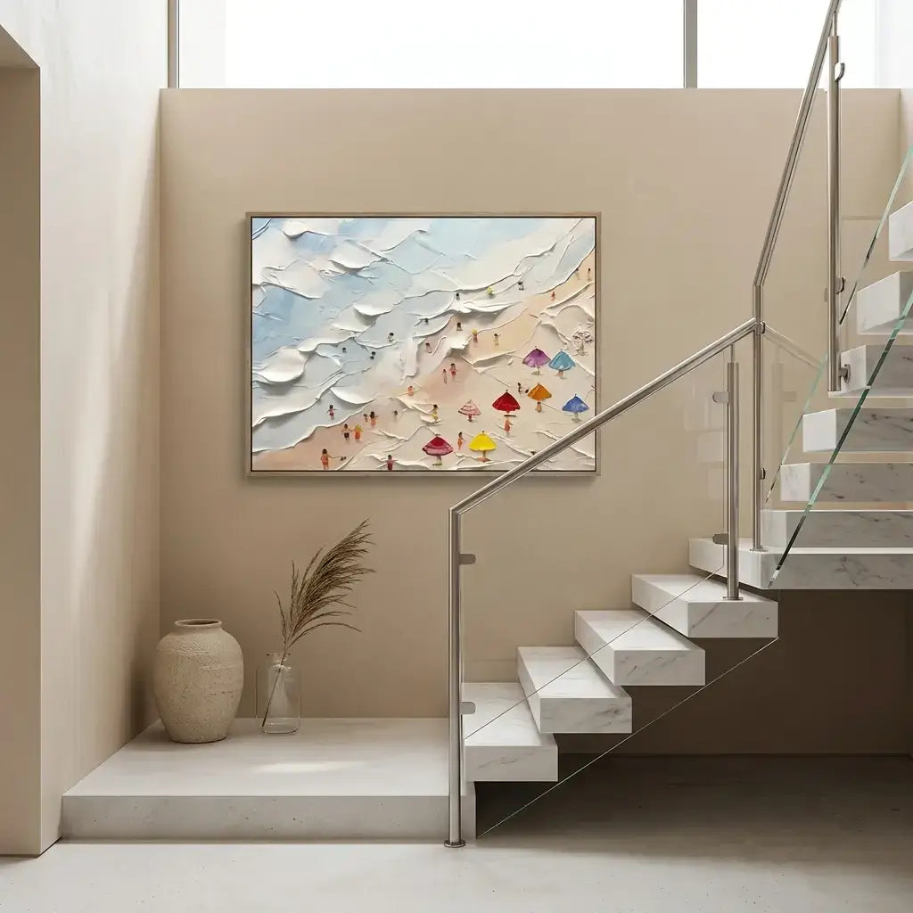 Modern interior with a staircase and abstract painting on the wall.