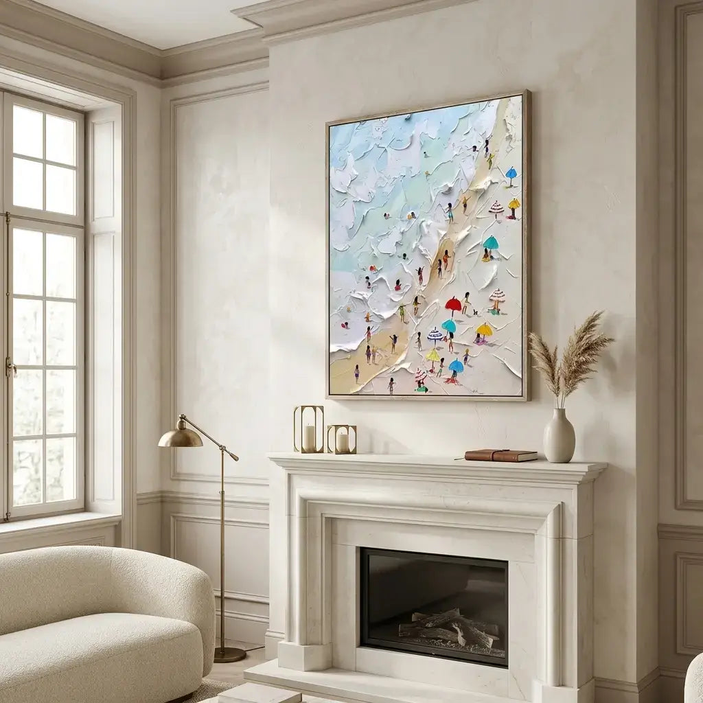 Living room with a fireplace, artwork on the wall, and decorative items.