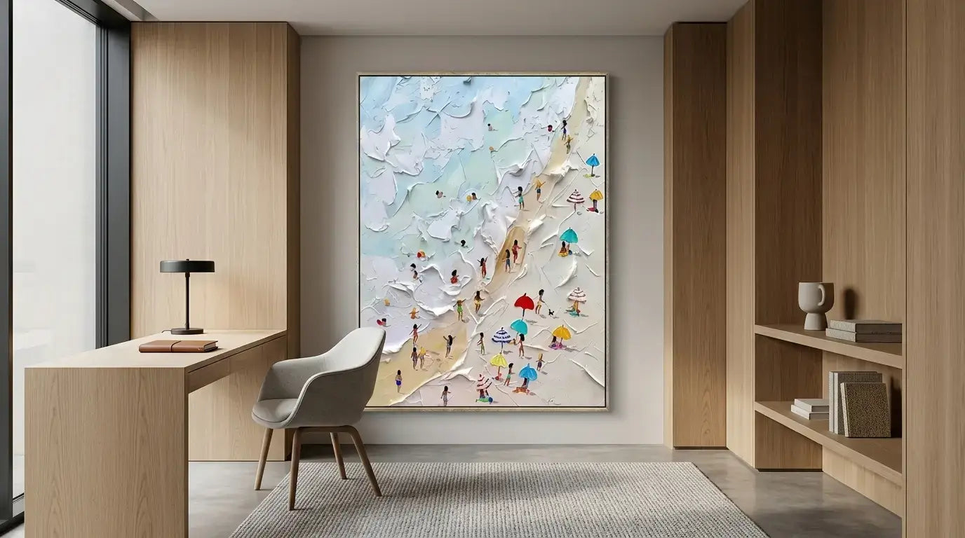 Modern office interior with a large abstract painting on the wall.