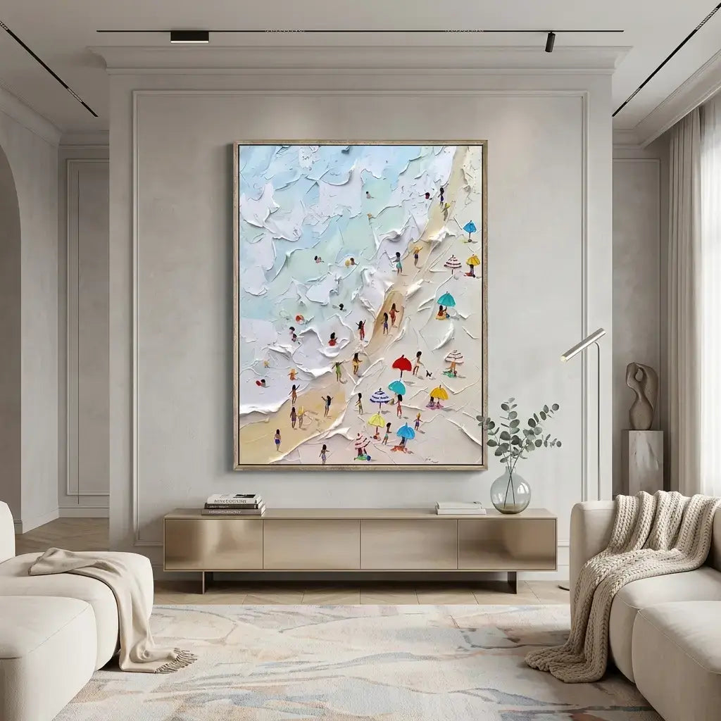 Modern living room with a large abstract painting on the wall