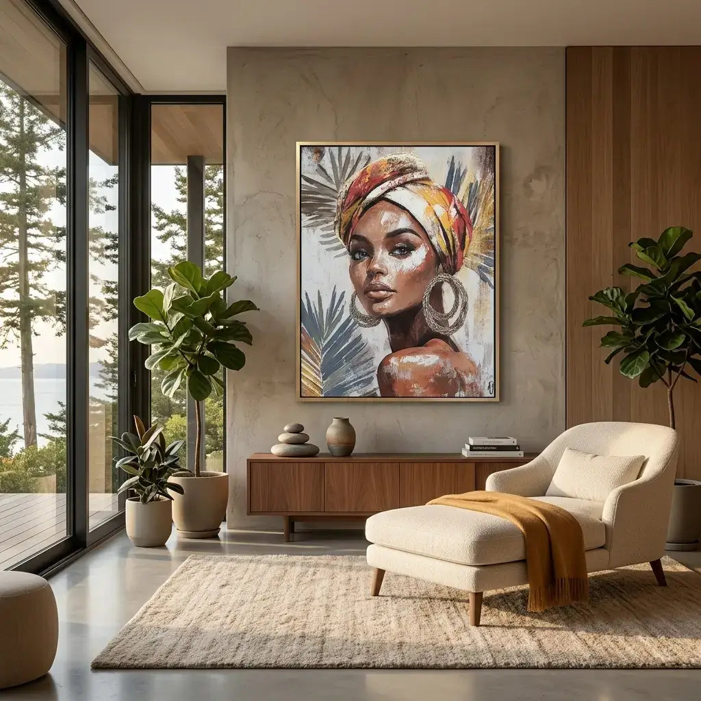 Modern living room with a painting of a woman on the wall, a chair, and plants.