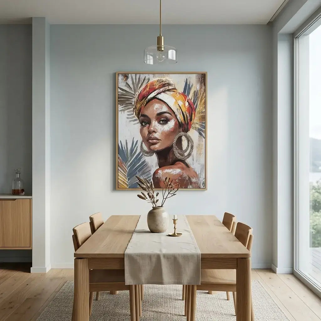 Dining room with a wooden table and chairs, featuring a colorful portrait of a woman on the wall.