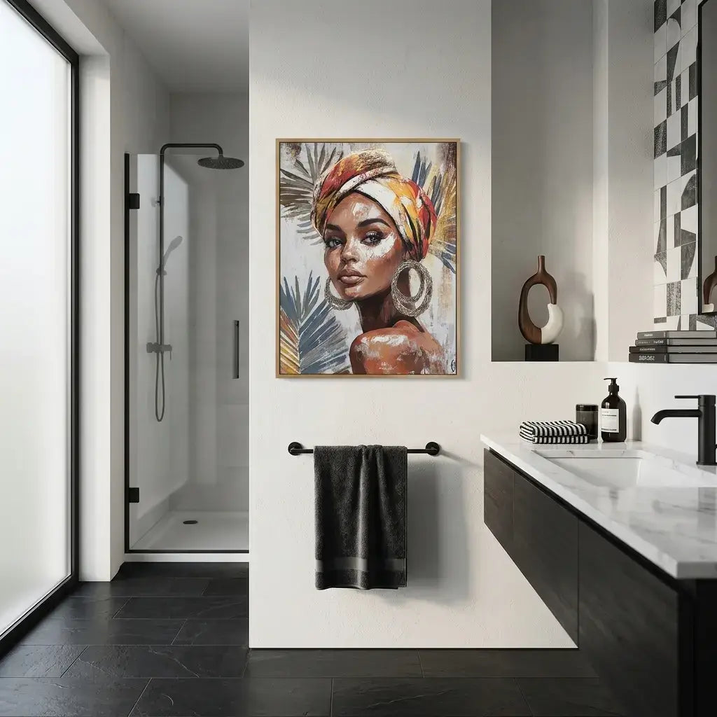 Modern bathroom with a painting of a woman on the wall
