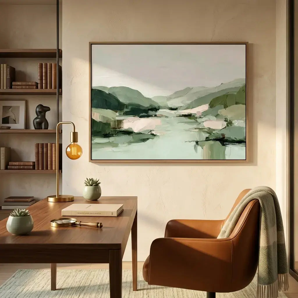 Modern interior with a desk, chair, and wall art of a landscape.