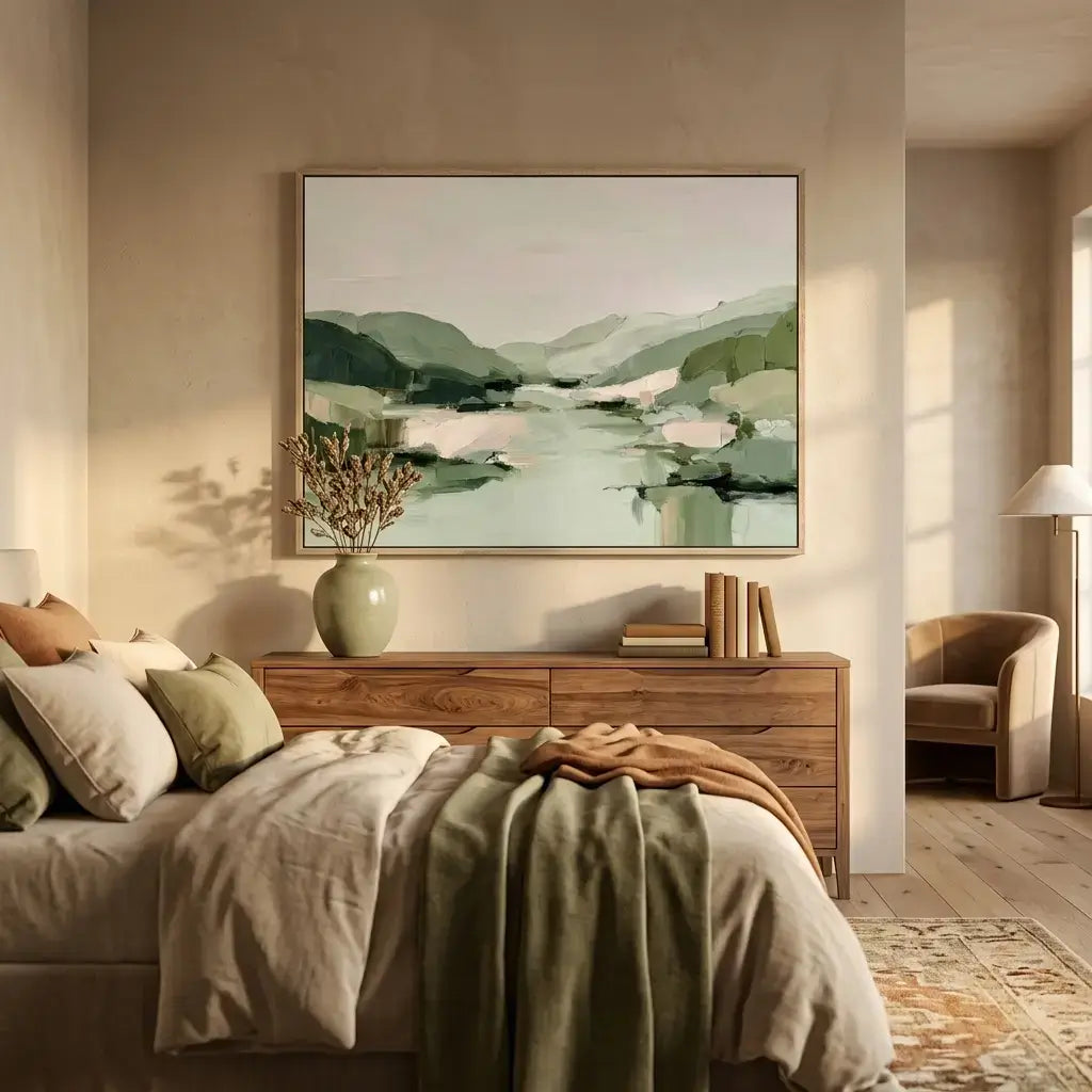 Cozy bedroom with a bed, dresser, and wall art