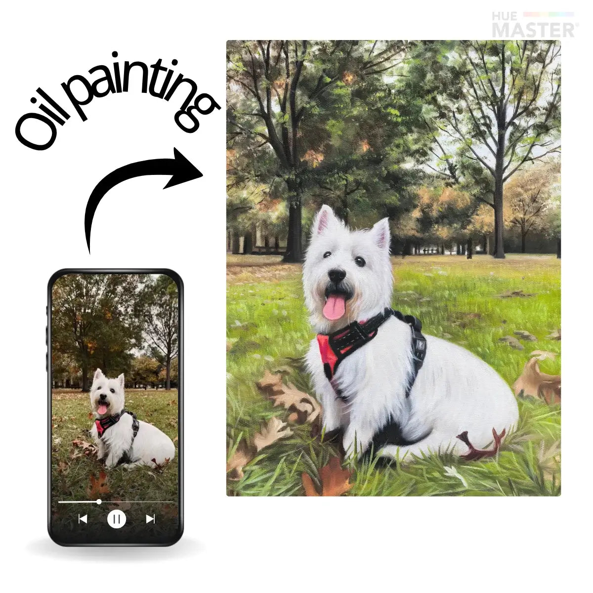 White dog in a park with an oil painting effect applied to the phone screen.