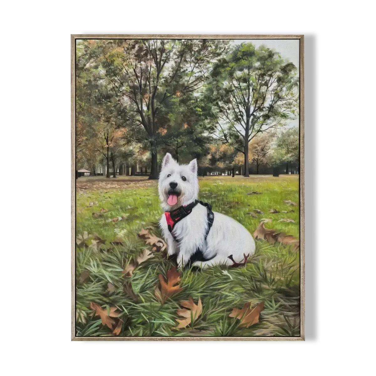 Framed artwork of a white dog with a red collar sitting in a park.