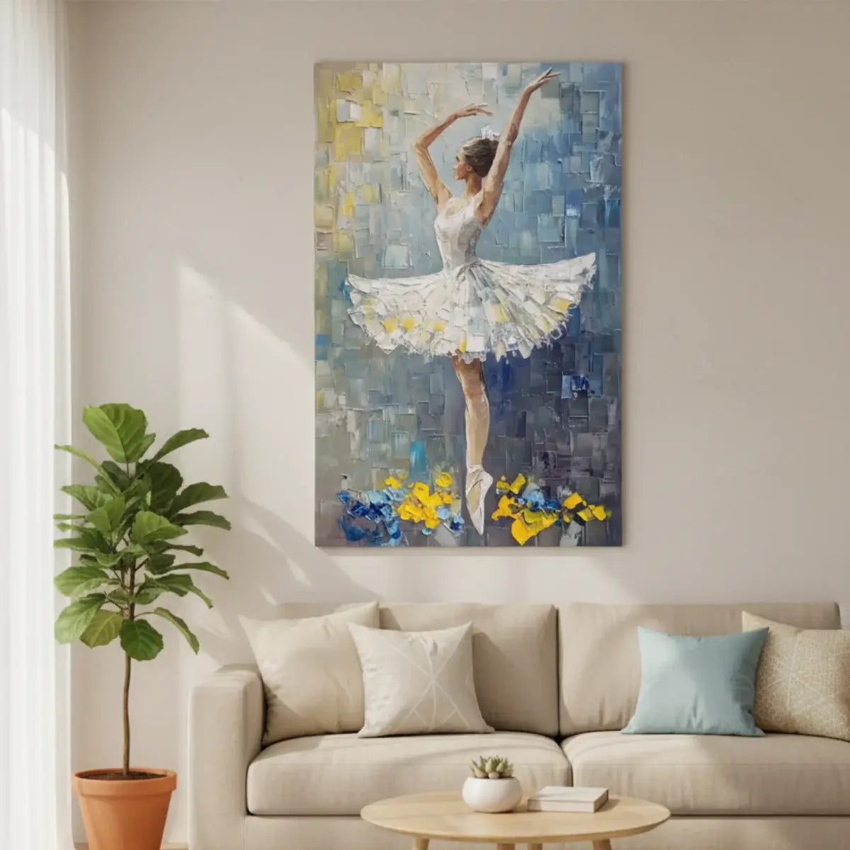 Painting of a dancer in a living room with a beige sofa and plant.