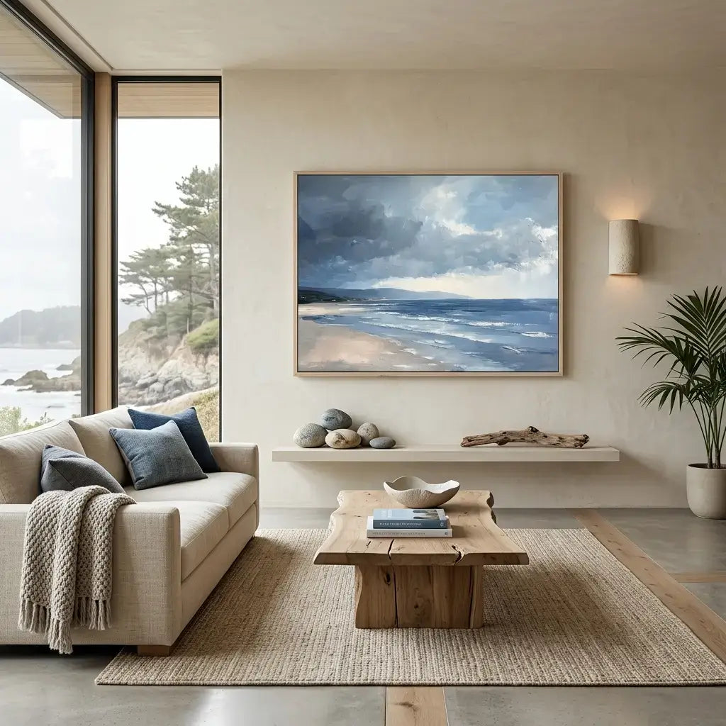 Modern living room with a scenic painting on the wall, sofa, coffee table, and decorative elements.