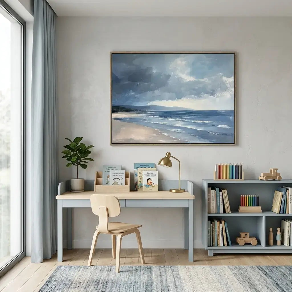 Modern home office with a desk, chair, and wall art of a beach scene.