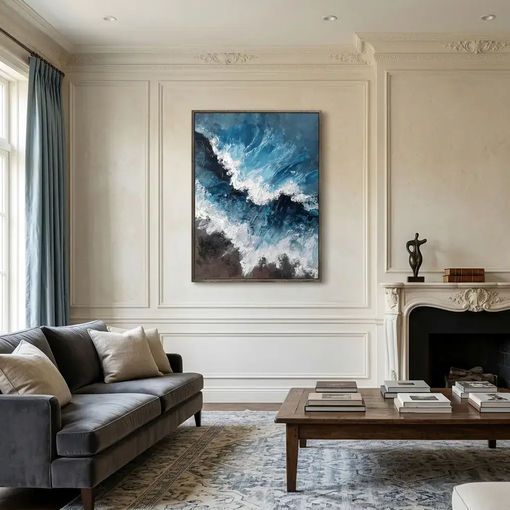 Living room with gray sofa, wooden coffee table, and abstract painting on wall.