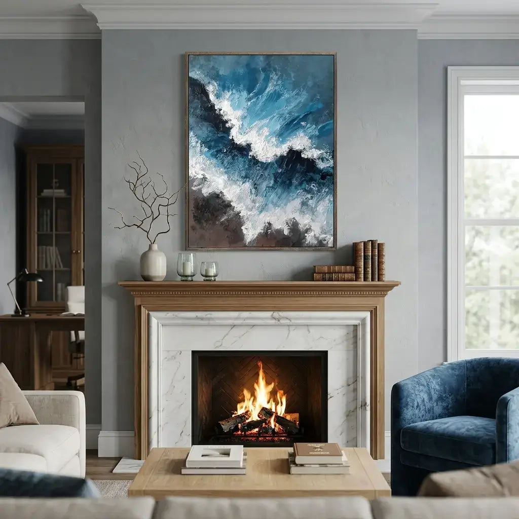 Living room with a fireplace, blue abstract painting, and decorative items.