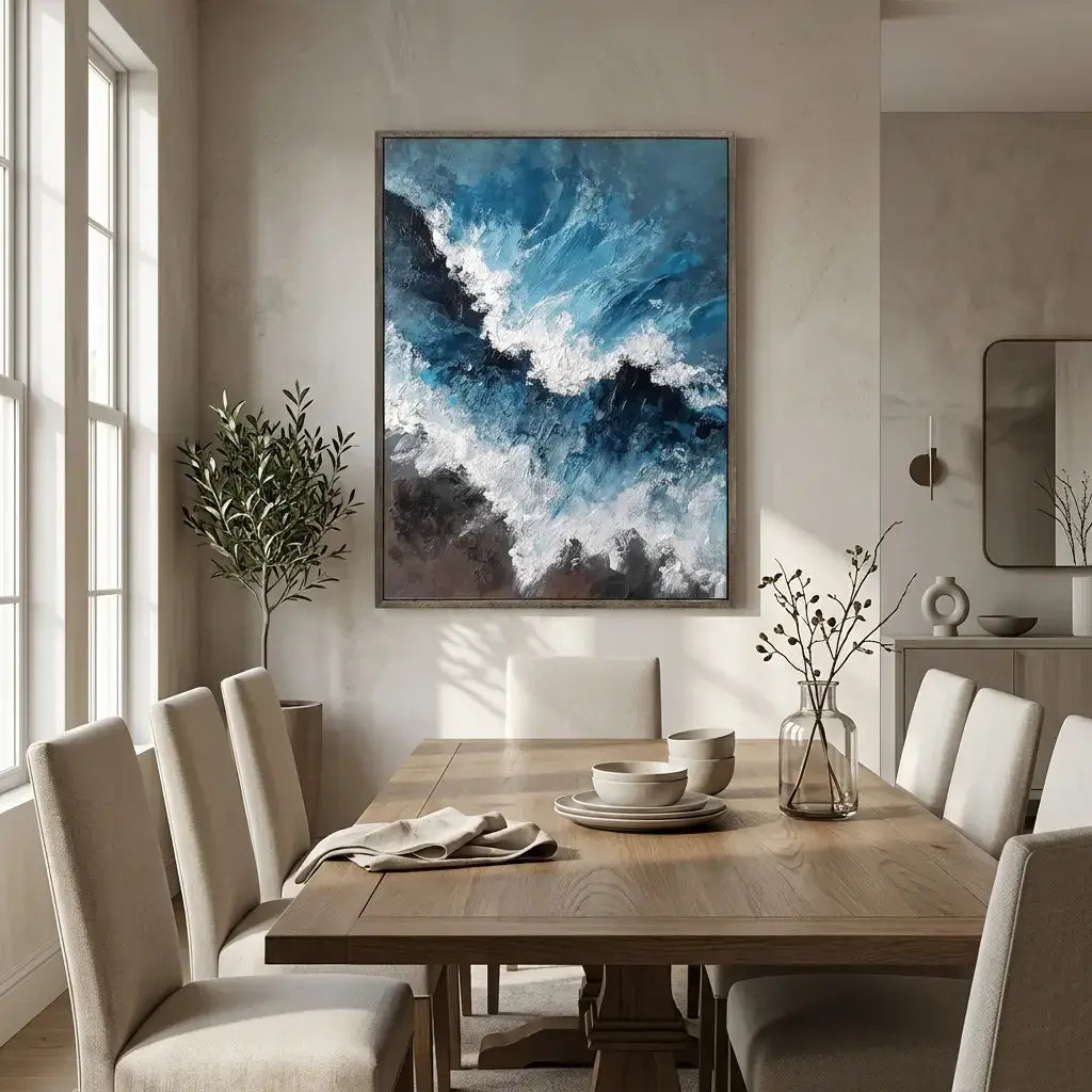 Dining room with a wooden table, chairs, and abstract painting on the wall.