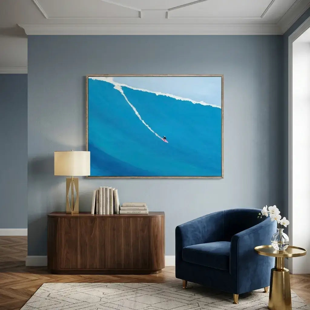 Modern living room with a blue abstract painting, wooden sideboard, and blue armchair.