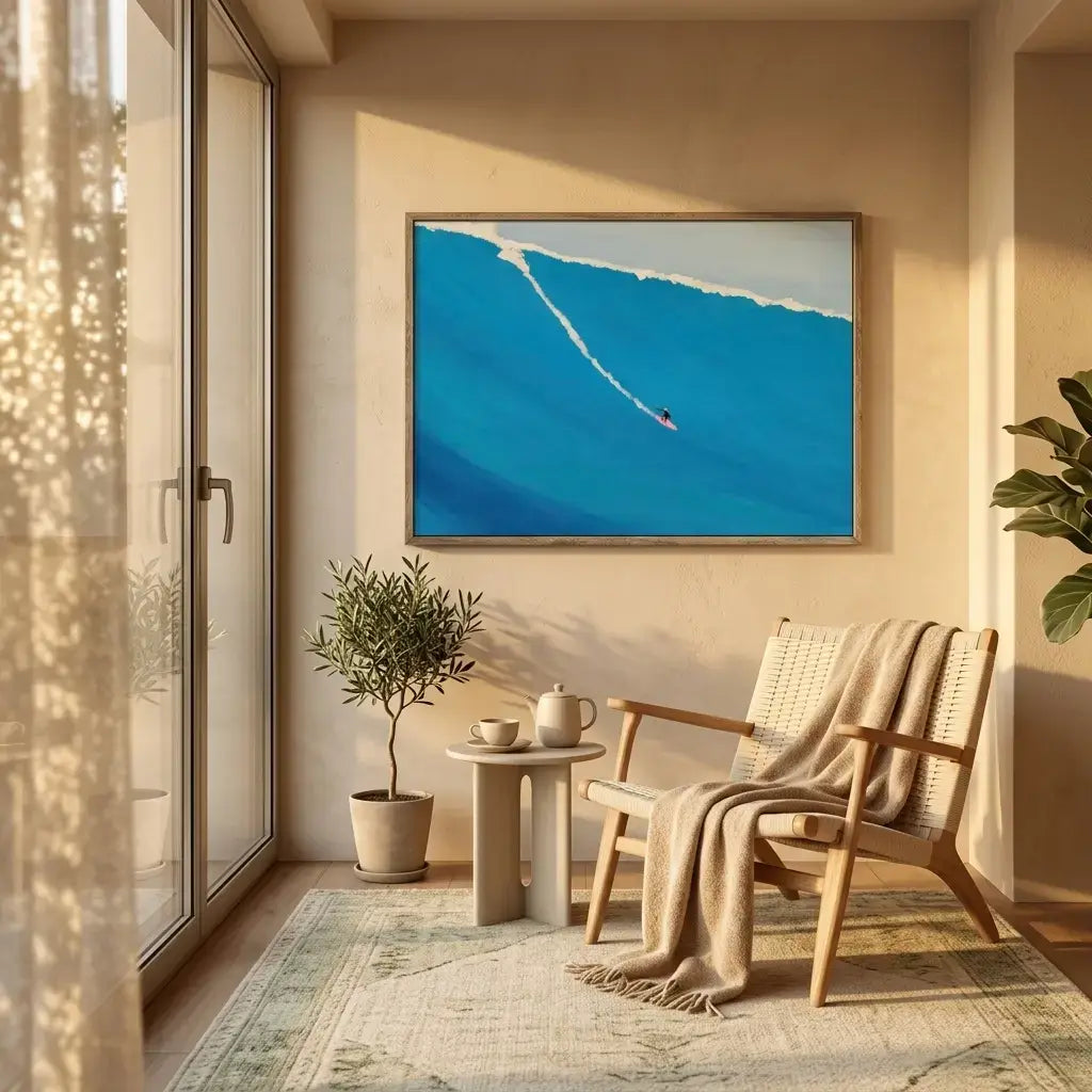 Modern interior with a chair, small table, and plant near a large framed artwork of a sailboat on a blue sea.