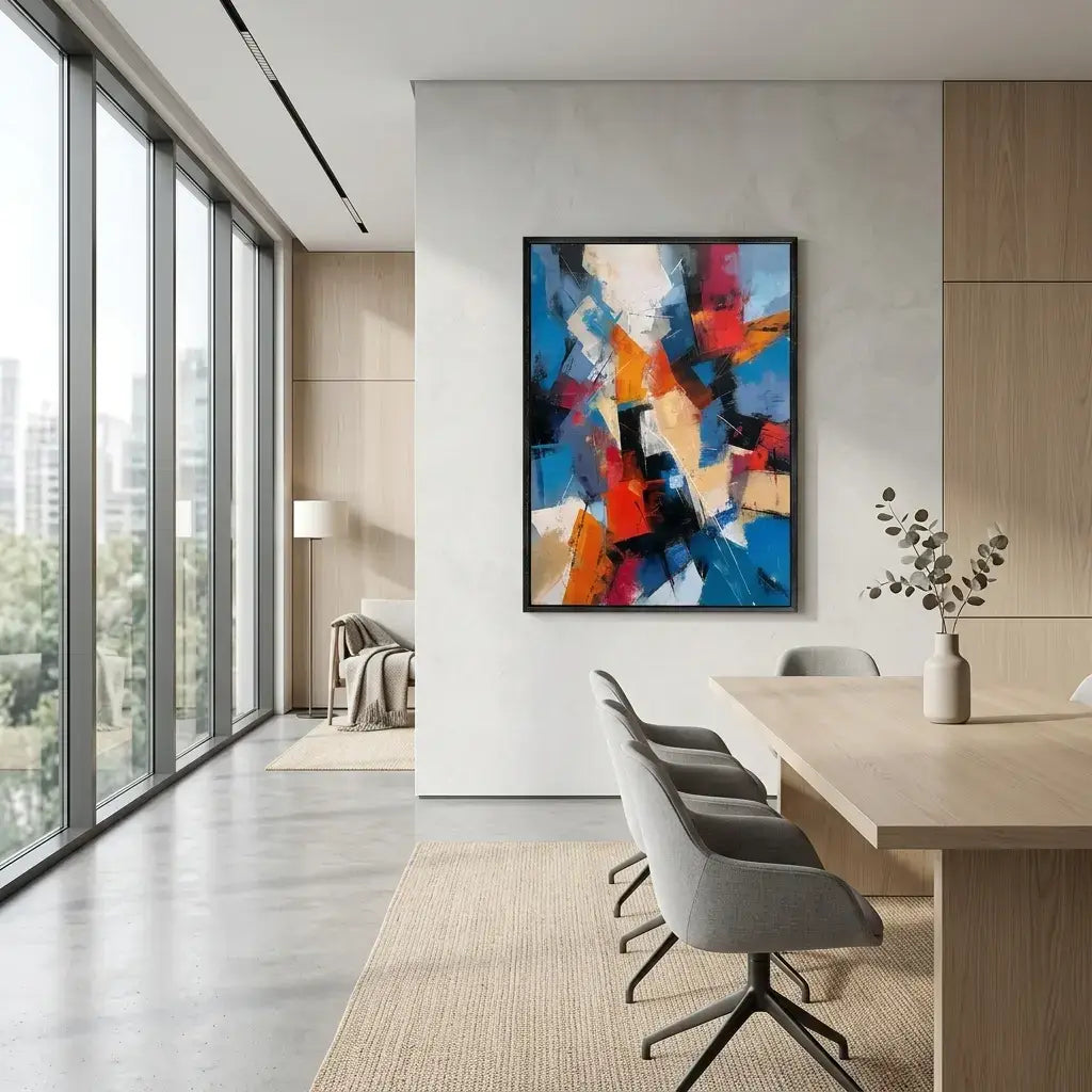 Modern office interior with a colorful abstract painting on the wall.