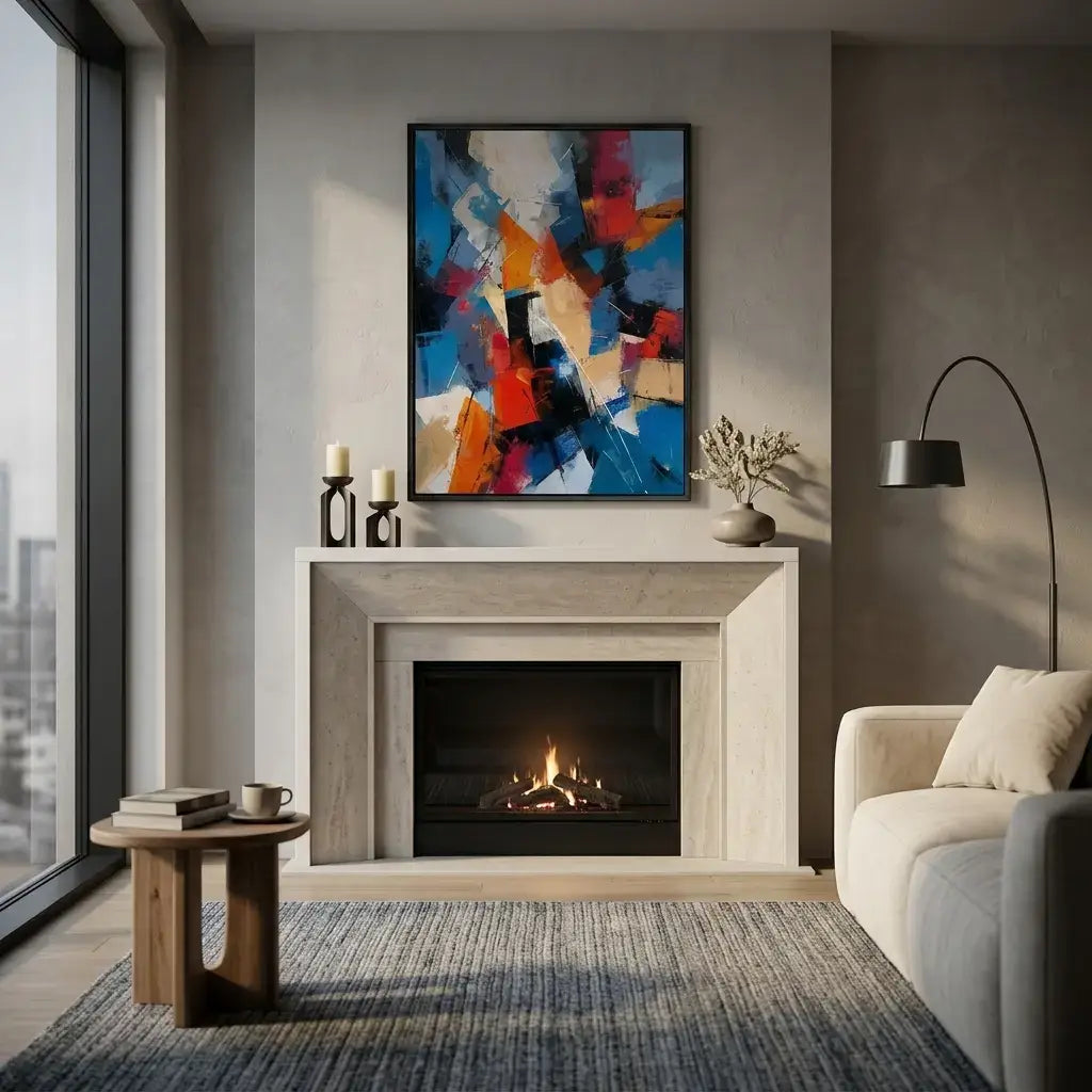 Modern living room with a fireplace, abstract painting, and decor items.